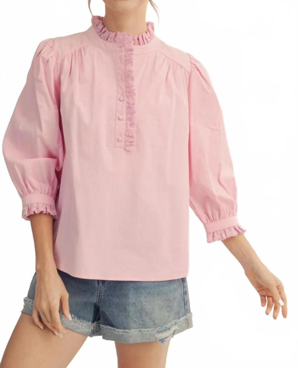 NEW JODIFL 3/4 sleeves front button up eyelet trim top in pink